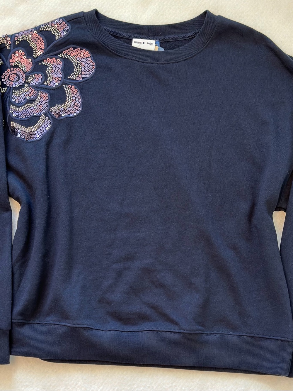 Democracy Navy Sweatshirt with Sequin Floral Shoulder